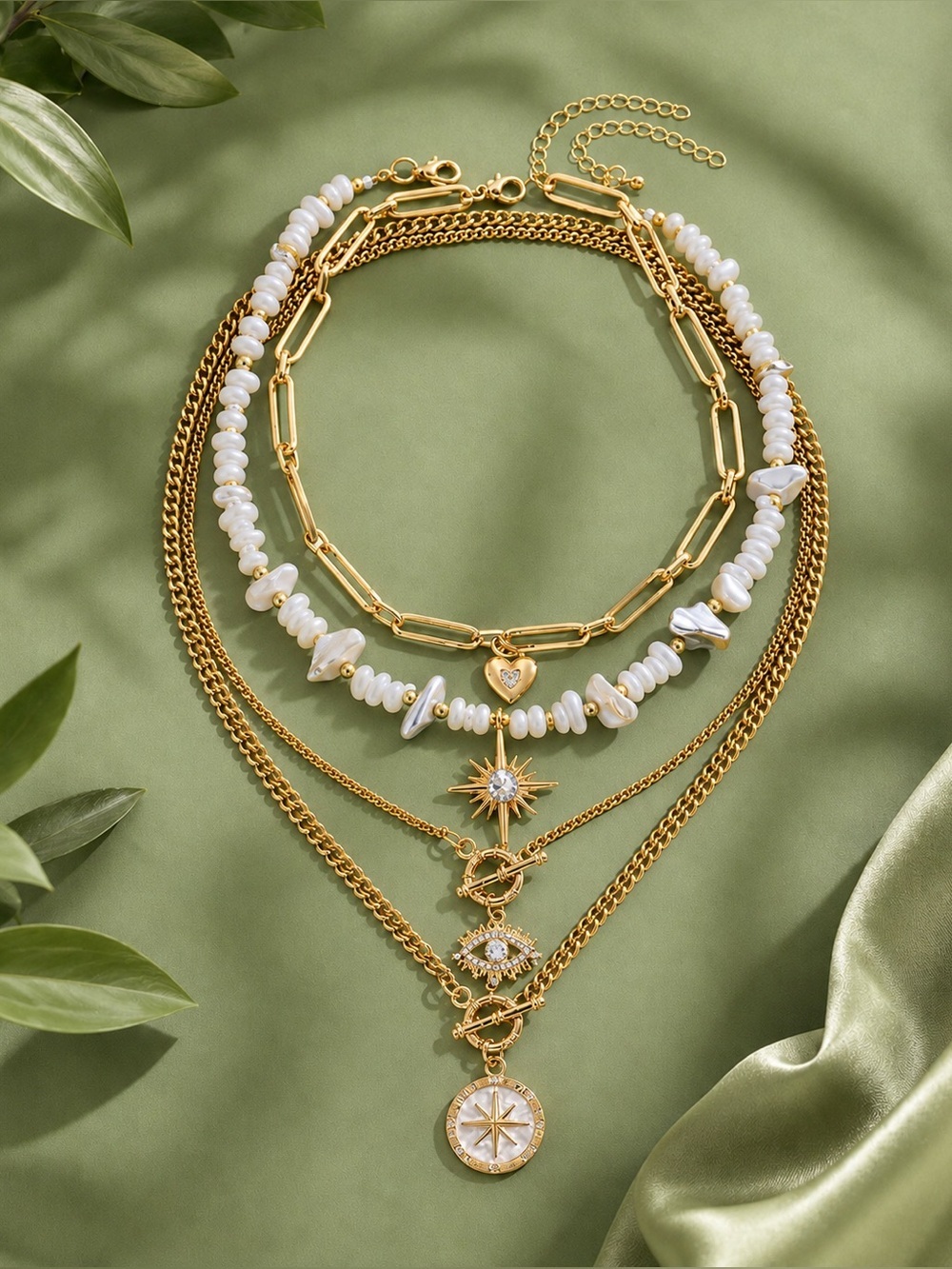 Layered Gold Bohemian Necklace Set Evil eye accent